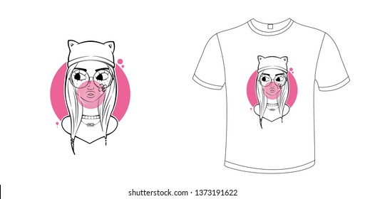  t-shirt cat gum pink. Vector print, typography, poster. 