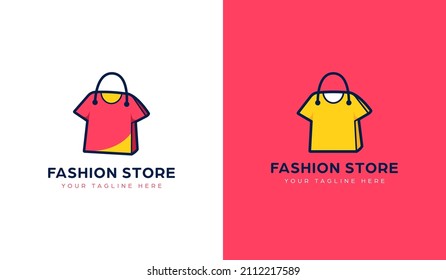 Tshirt clothing fashion store logo with shopping bag icon symbol in tee shape