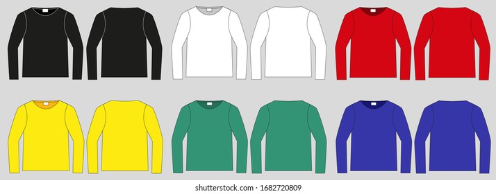 T-shirt. Clothing for women and men. Set of color unisex long sleeve t-shirts. Rear and front view. Basic clothes in casual style. Vector illustration