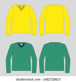 T-shirt. Clothing for women and men. Set of color unisex long sleeve t-shirts. Rear and front view. Basic clothes in casual style. Vector illustration