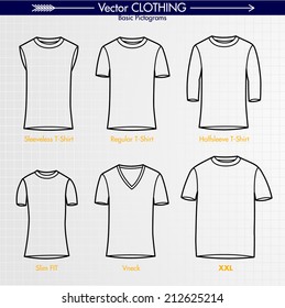 T-Shirt Collection. Sleeveless, Regular, Long Sleeve, Slim Fit, V-Neck, XXL. Outlines Only Vector Art Illustration