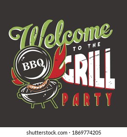 T-shirt colored print with barbeque maker and sausage for picnic, grill party and camping