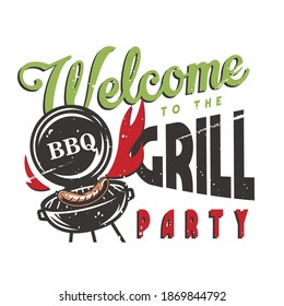 T-shirt colored print with barbeque maker and sausage for picnic, grill party and camping