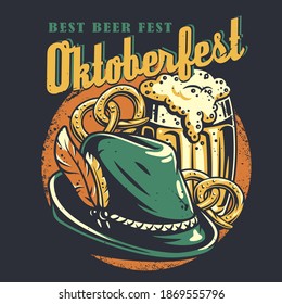 T-shirt colored print with beer pretzels and bavarian hat with a feather for oktoberfest