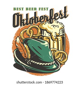 T-shirt colored print with beer pretzels and bavarian hat with a feather for oktoberfest