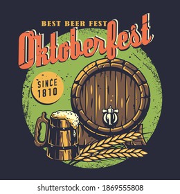 T-shirt colored print, craft lager beer mug with foam. Wooden barrel and barley for bavarian oktoberfest