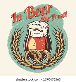 T-shirt colored print craft with lager beer mug with foam. Pint, pretzel and barley for bavarian oktoberfest