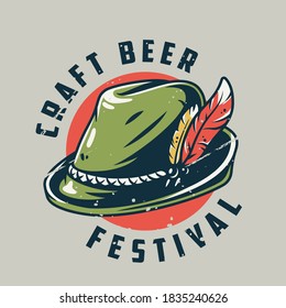 T-shirt colored print or emblem with beer bavarian hat with a feather for oktoberfest