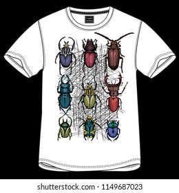 T-shirt Composition. Nine bright colored beetles on a silver blot. Handmade print. Vector illustration.