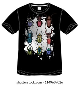 T-shirt Composition. Nine bright colored beetles on a silver blot. Handmade print. Vector illustration.