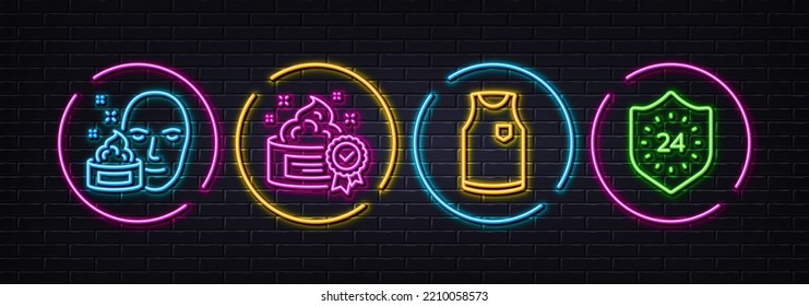 T-shirt, Cream and Face cream minimal line icons. Neon laser 3d lights. 24 hours icons. For web, application, printing. Sleeveless shirt, Best lotion, Gel. Protection. Neon lights buttons. Vector