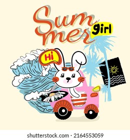 t-shirt cute rabbit driving Summer Surfboard truck design Vector cartoon car surf on beach. vector format separated Coconut tree on cream background.