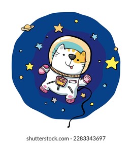T-shirt decoration with cute cat astronaut floating in space 