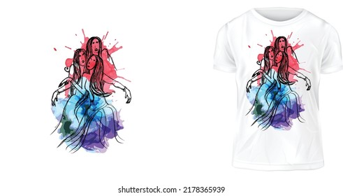 t-shirt design, 3 girl line drawing and color splash