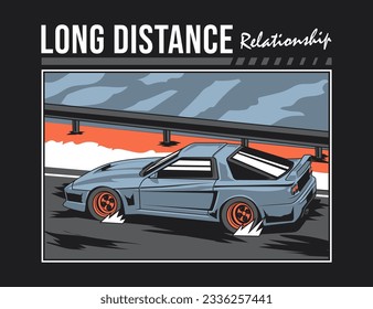 t-shirt design with 90s car illustration and street landscape background vector