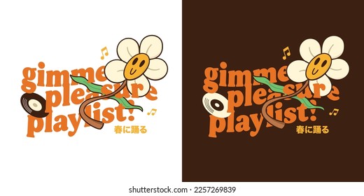 T-shirt design about happy and dancing music, a flower dancing around the old music cassette.