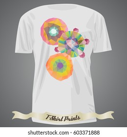 T-shirt design with abstract colorful illustration made of geometric shapes 