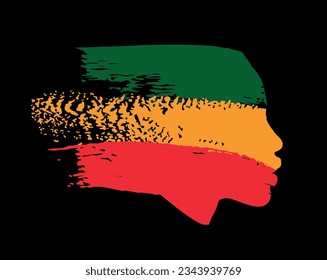 T-shirt design of an Afro-descendant woman's face in profile with the colors green, orange and green isolated on black. Vector illustration for black history month.