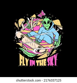 T-shirt design with alien skateboard illustration on planet