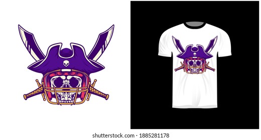 
t-shirt design with american football pirate skull illustration