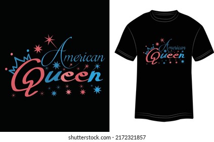 T-shirt Design American Queen Vector Colorful Illustration In Black Background