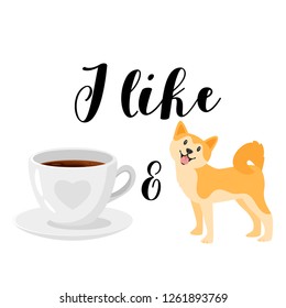 T-shirt design with americano coffee cup and dog. Isolated on white background.