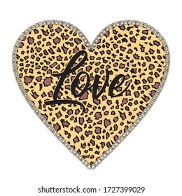 t-shirt design with an animal print heart and the word love bordered with gold chains