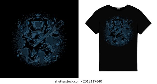 T-shirt design with astronaut playing guitar in blue color.