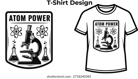 Diseño de la camiseta de la tipografía del poder del átomo con el microscopio para el diseño del logotipo de la ciencia, insignia de la investigación del laboratorio, emblema del descubrimiento de la biología y aislado en la ilustración gráfica transparente de la química
