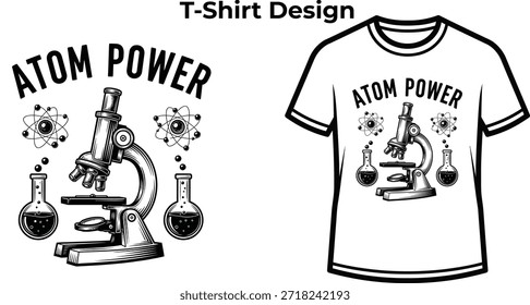 Diseño de la camiseta de la tipografía del poder del átomo con el microscopio para el diseño del logotipo de la ciencia, insignia de la investigación del laboratorio, emblema del descubrimiento de la biología y aislado en la ilustración gráfica transparente de la química