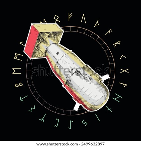 T-shirt design of an atomic bomb called Little Boy surrounded by Viking runes on a black background.