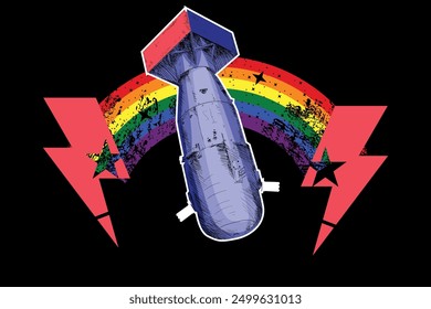 Diseño de camiseta de una bomba atómica junto a dos símbolos de rayos y un Grande arco iris. Orgullo gay contra la guerra.