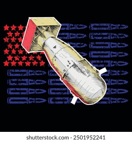 T-shirt design of an atomic bomb next to a US flag made up of projectiles and stars on a black background.