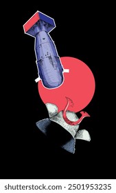 Diseño de camiseta de una bomba atómica junto a un casco samurái japonés sobre un fondo negro.