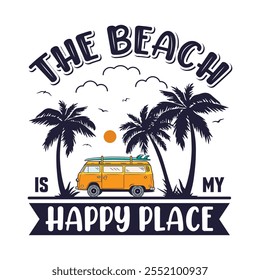 T-shirt design A praia é o meu lugar feliz com van carro vintage ilustração