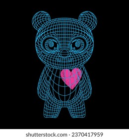 T-shirt design of a bear with a pink heart isolated on black. Vector illustration for Valentine's Day.