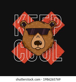 T-shirt Design With Bear In Sunglasses And Slogan - Keep Cool. Typography Graphics For Tee Shirt. Vector Illustration.