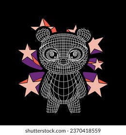 T-shirt design of a bear surrounded by stars on a black background. Linear illustration for Valentine's Day.