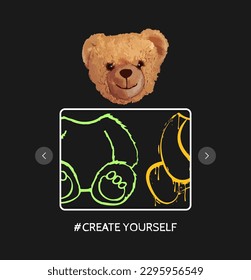 T-Shirt Design mit Bärenspielzeug und Slogan - kreieren Sie sich selbst. Bärenpuppenkopf mit Rahmen und verschiedenen Körpern zur Auswahl. Tee-Shirt und Bekleidungsdesign. Vektorgrafik.