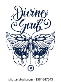 T-shirt design beautiful butterfly delicately woven with calligraphy. Butterfly is symbol of Diving soul. Fashionable New tattoo design. T-shirt design. Ink jet tattoo