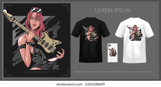 T-shirt design of beautiful woman holding guitar, complete with mockup.