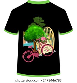 T-shirt design with bicycle under trees with bridge over a lake 