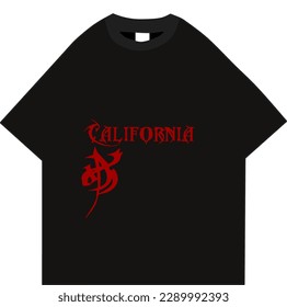 t-shirt design in black, accompanied by red writing (California)