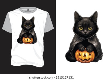 T-shirt Design with Black Cat, Pumpkin