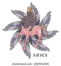 T-shirt design of a black centaur with a circle of feathers. Zodiac sign called Aries.