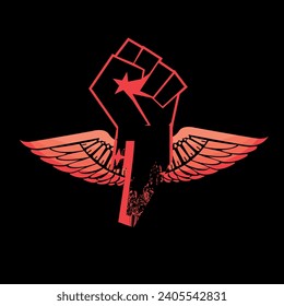 T-shirt design of a black fist with wings on a black background. Vector illustration for black history month