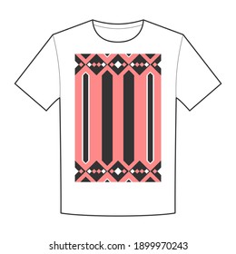 T-shirt design with black and pink pattern rug of geometric objects.