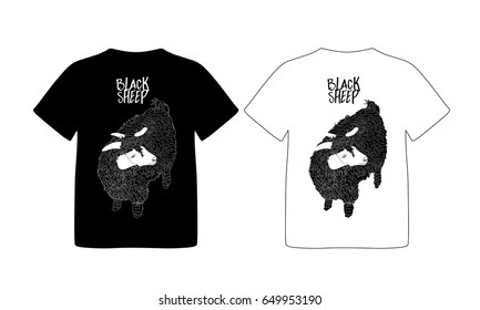 T-shirt design with black sheep. Hand drawn style, farm animal. Vector illustration on black and white.