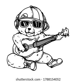  t-shirt design black and white hand drawn bear cute character with guitar premium vector