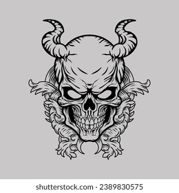 t-shirt design black and white hand drawn skull devil horn engraving ornament artwork tattoo vector illustration